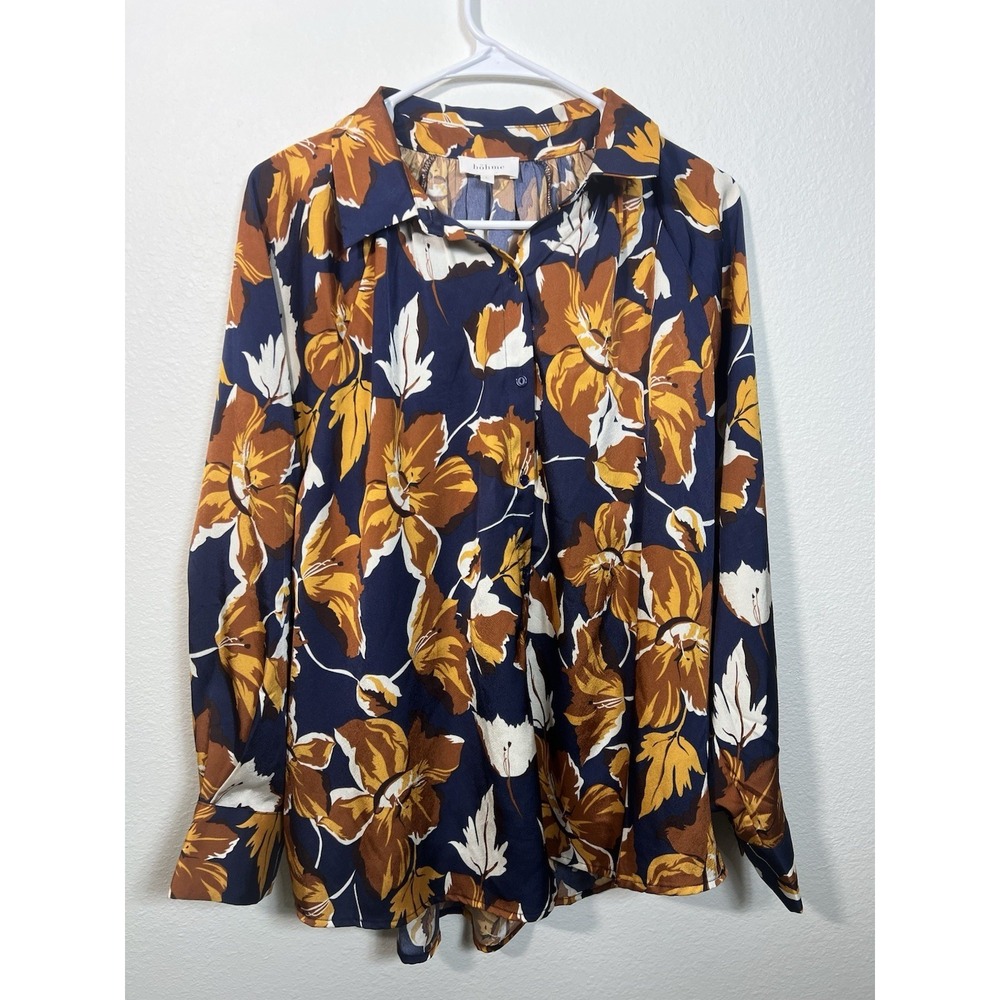 Bohme Shirt Womens Sz L Blouse Button Navy Gold Floral Floral Flowy Maximalist